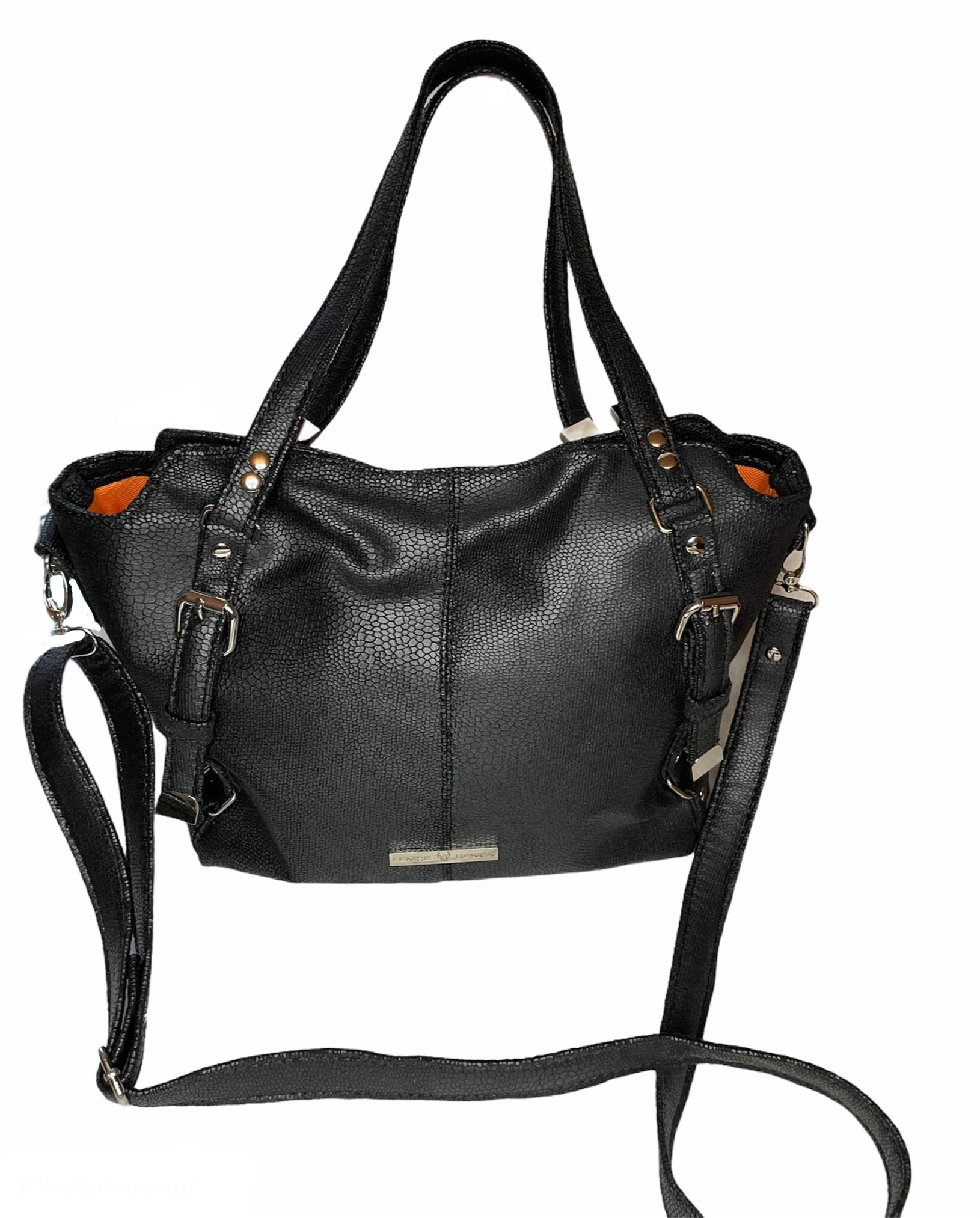 Black soft slouchy crossbody bag with vibrant orange lining