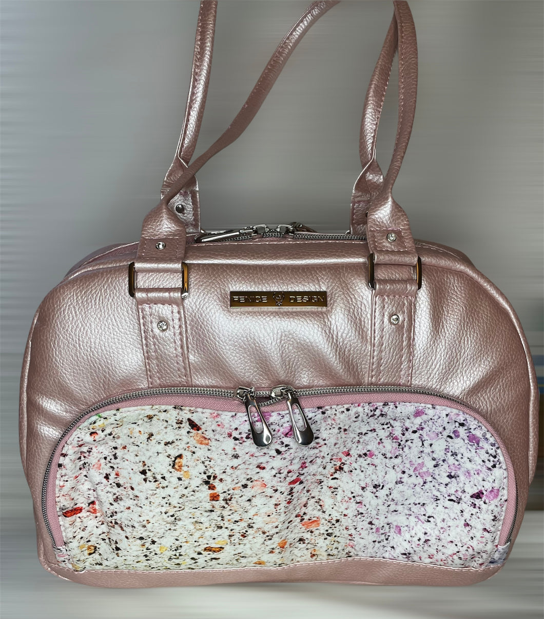 Pink metallic look vinyl bowler bag